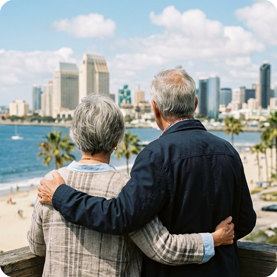 An elderly couple overlooks San Diego County while considering low-income senior resources with Aging123