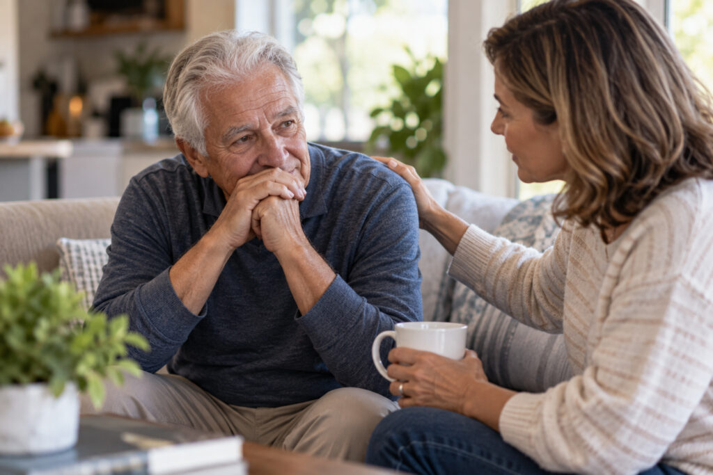 Older adult having an open and supportive conversation about mental health