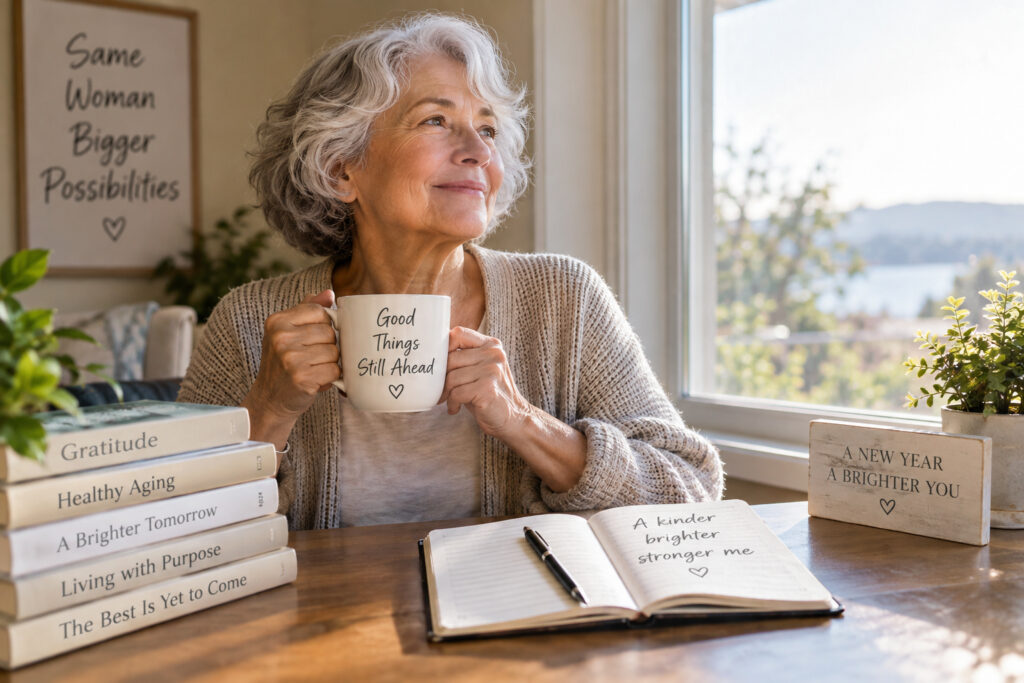 Older woman enjoying a peaceful morning while reflecting on positive affirmations for healthy aging