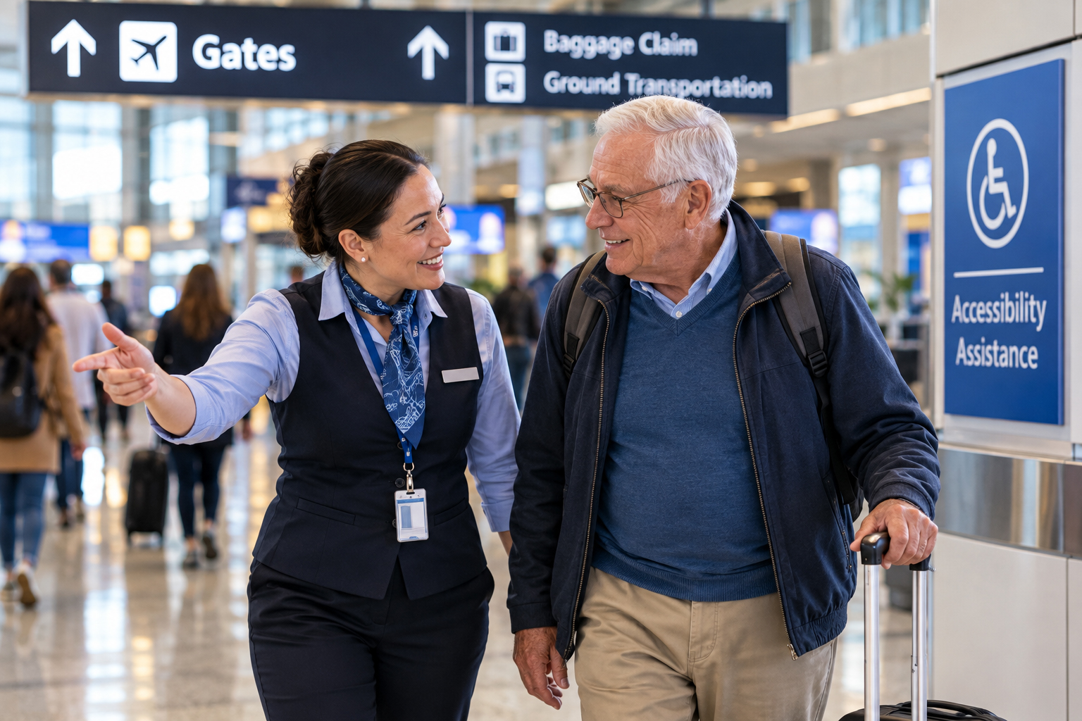 Older traveler receiving assistance from airport staff at a dementia-friendly airport